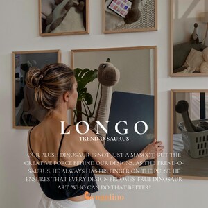 a woman standing in front of a wall with pictures on it