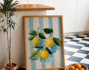 Lemon La dolce vita Wall Art- Italian botanical Print for dopamine kitchen decor, Trendy  stripes Poster for Aesthetic coquette room decor