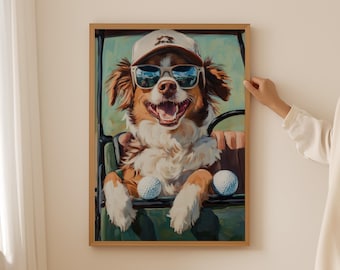Art mural de golf berger australien drôle - impression australienne mignonne pour les amoureux des chiens, décoration de chambre preppy, cadeau de passe-temps tendance, art esthétique de salle de bain
