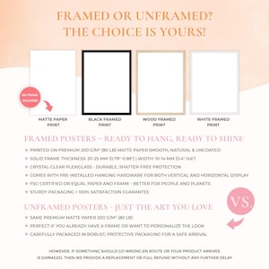 a white poster with a pink background and the words frame or unframed?