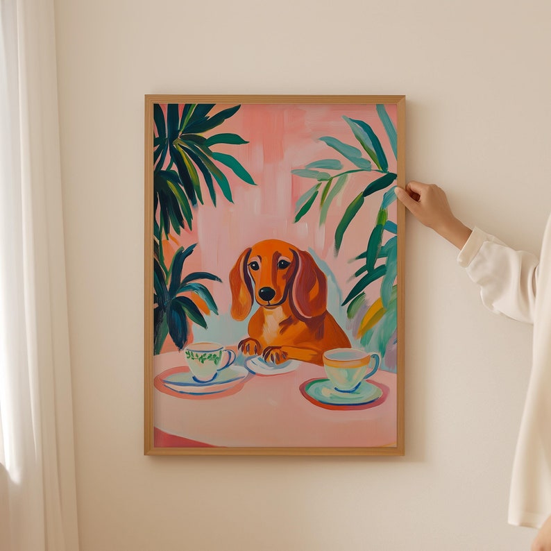 a woman standing next to a painting of a dachshund dog in a bathtub