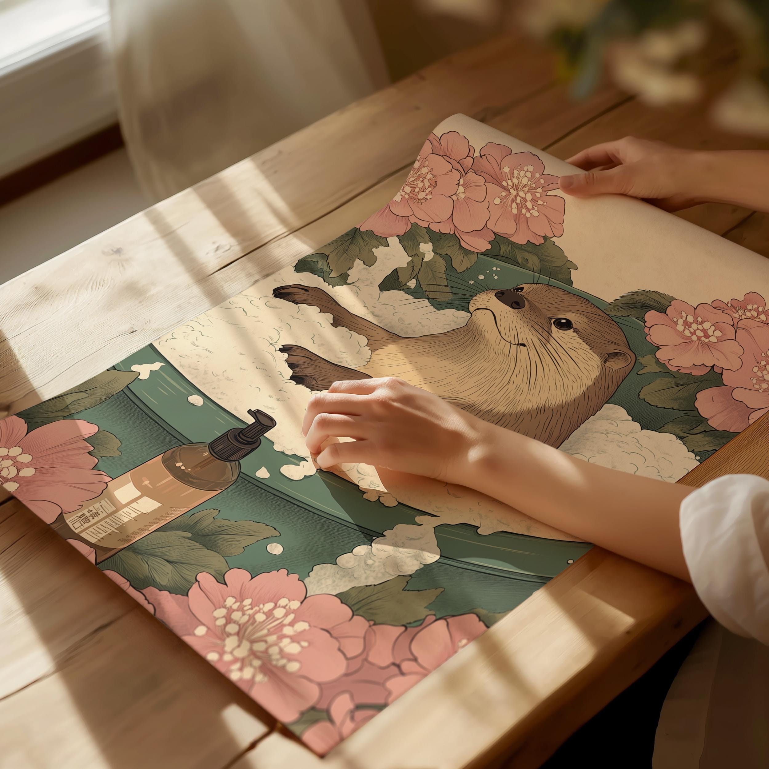 Japandi Otter Bathroom Poster– Wabi Sabi Cherry Blossom Print