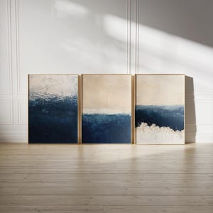 3er-Set Abstrakte Ozeandrucke - Dreiteiliges Japandi-Wandkunstset, trendiges Wabi-Sabi-Poster, Set für ästhetische Raumdekoration, japanische Wandkunst