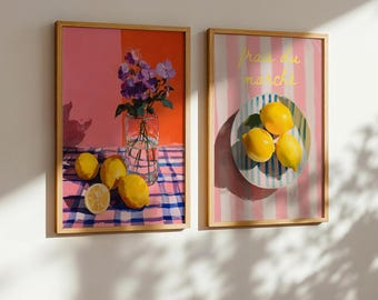 Pink Limoncello Poster Set- 2 Set of Trendy lemon fruit Prints, vintage Wall Art for dopamine kitchen decor, Aesthetic flower Wall Art