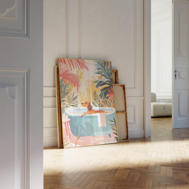 Poster per amanti dei cani: arte murale colorata e alla moda con cani, decorazione estetica funky per il bagno con stampa di bassotto, bassotto o cane bassotto, regalo per cane bassotto immagine 3