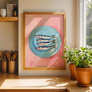 Poster Funky Sardine Oil - Decorazione murale con pesce rosa, Decorazione con pesce dopamina, Stampa estetica con ostriche e pescatori, Stampe da cucina alla moda, Decorazione murale con pesce