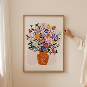 Poster con bouquet di fiori selvatici, stampa colorata del mercato dei fiori, arte murale botanica alla moda per una stanza estetica, arte floreale per l'arredamento del cubicolo della dopamina