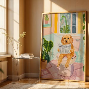 a painting of a dog sitting on top of a toilet