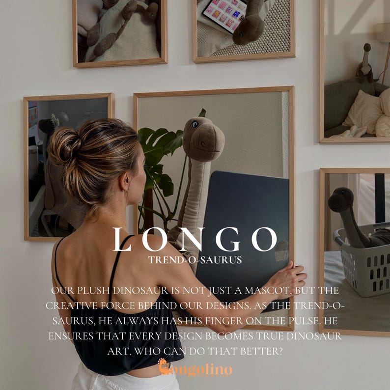 a woman standing in front of a wall with pictures on it