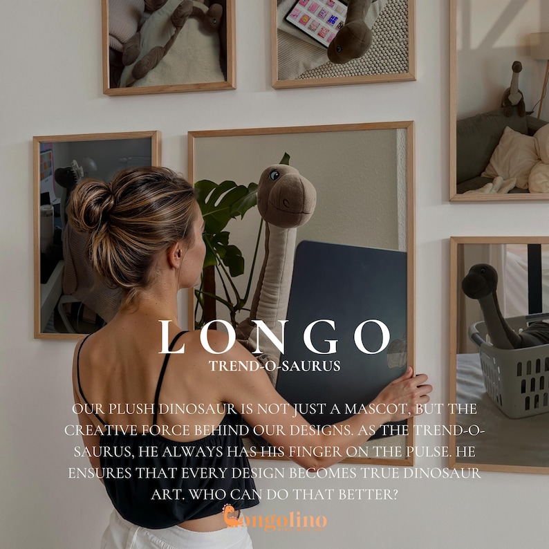 a woman standing in front of a wall with pictures on it