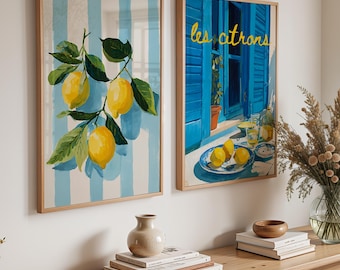 Limoncello Italian Poster Set- 2 Set of Trendy lemon fruit Prints, vintage Wall Art for dopamine kitchen decor, Aesthetic botanical Wall Art