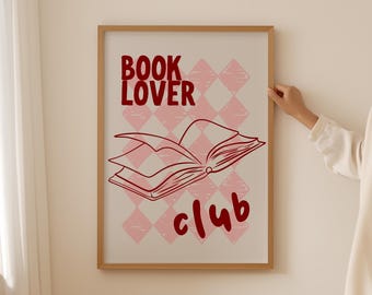 Poster rose pour les amoureux des livres, impression club de lecture preppy comme cadeau pour les amoureux des livres, coin livre esthétique pour décoration d'étagère, art mural bibliothèque tendance