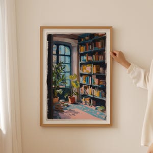 a woman standing next to a painting of Library book club on the wall