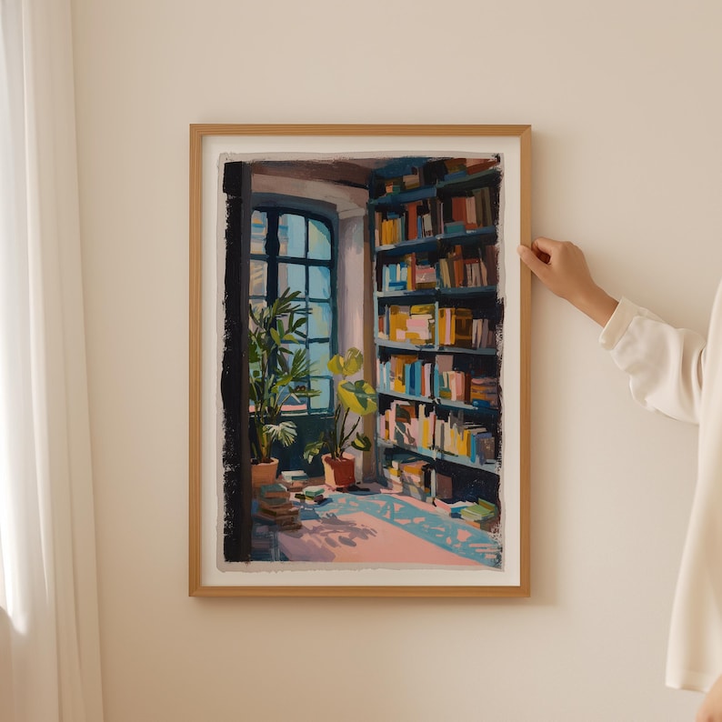 a woman standing next to a painting of Library book club on the wall