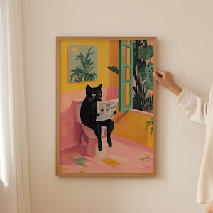 Divertente poster con gatto da toilette: arte murale alla moda per decorazioni funky, decorazioni dopamine estetiche per gli amanti dei gatti, stampa di gatti come regali a tema gatto