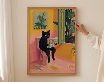 Affiche drôle de chat de toilette - oeuvre d&#39;art murale de chat à la mode pour une décoration géniale, décoration esthétique de dopamine pour les amoureux des chats, impression de chat comme cadeau sur le thème des chats