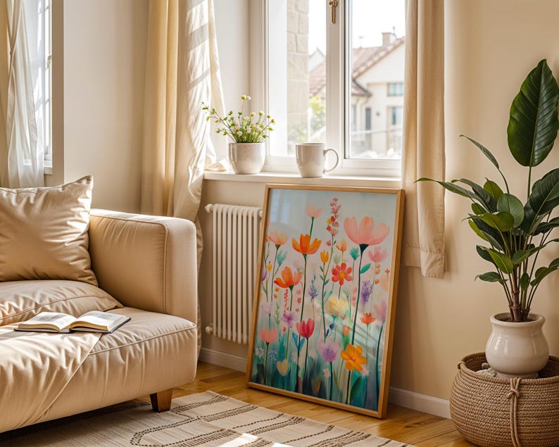 a living room with a couch and a painting on the wall