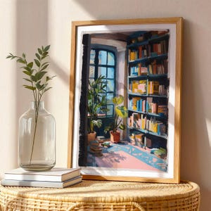 a painting of a room with books and a vase