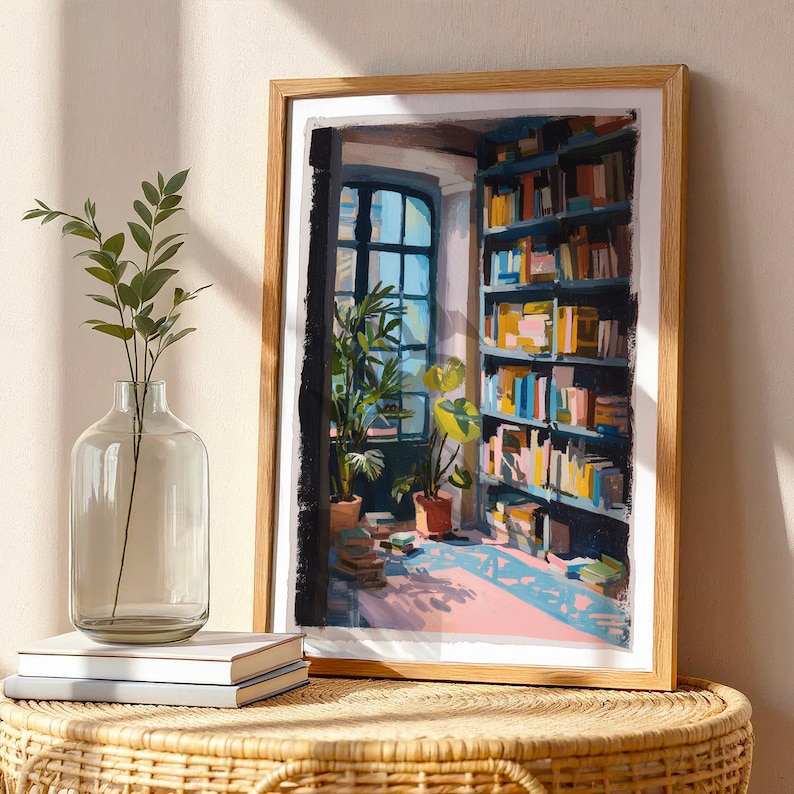 a painting of a room with books and a vase