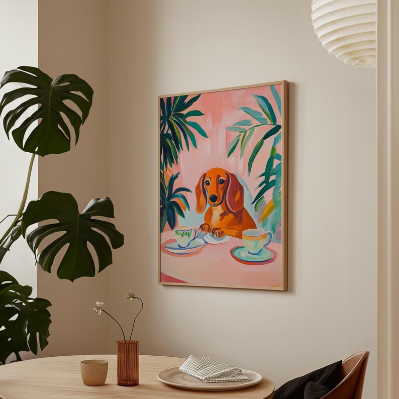 a painting of a dog sitting on a table next to a potted plant