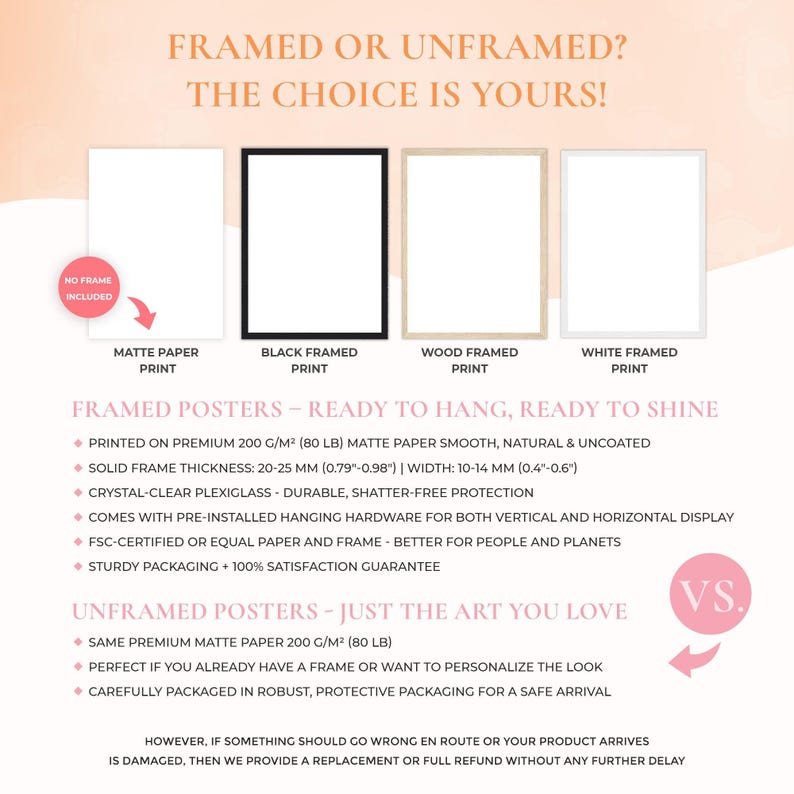 a white poster with a pink background and the words frame or unframed?
