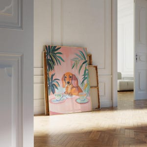 a picture of a dog on a wall in a room
