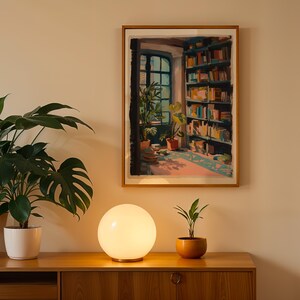 a picture of a room with a plant and a lamp