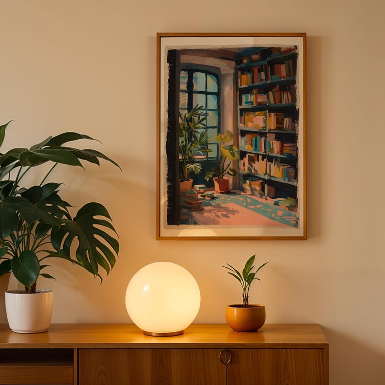 a picture of a room with a plant and a lamp