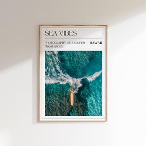 a poster hanging on the wall above a surfboard