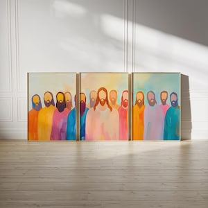 Modern The Last Supper Poster Set – Christian Wall Art, Set of 3 Aesthetic Jesus Prints, Oil Painting Art, Three-Piece last supper Decor