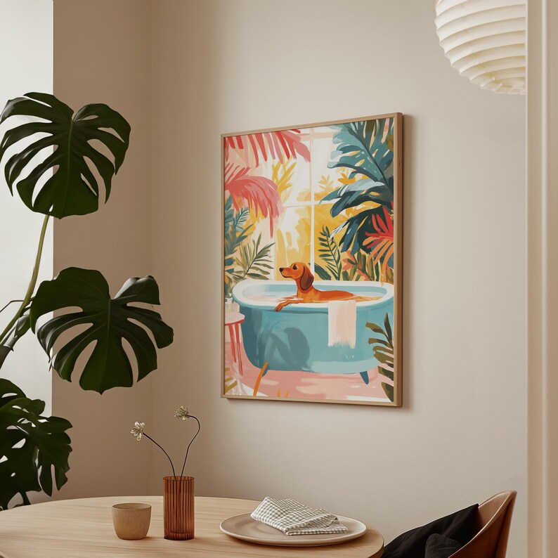 Poster per amanti dei cani: arte murale colorata e alla moda con cani, decorazione estetica funky per il bagno con stampa di bassotto, bassotto o cane bassotto, regalo per cane bassotto immagine 4