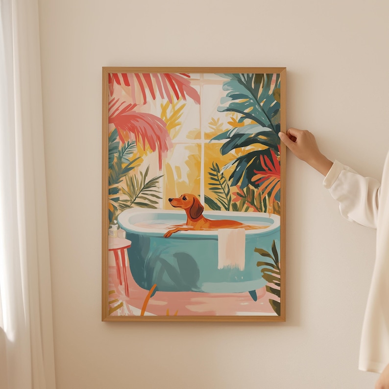 a woman standing next to a painting of a dog in a blue bathtub in matisse style