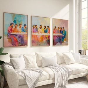 The Last Supper Wall Art – Modern Christian Poster, Set of 3 Prints, Aesthetic Jesus Painting, Three-Piece the last supper Wall Decor,