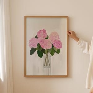 Stampa di bouquet di ortensie rosa - Stampa di mercato di fiori selvatici, Arte murale botanica alla moda per stanze estetiche, Arte floreale per l'arredamento del cubicolo della dopamina