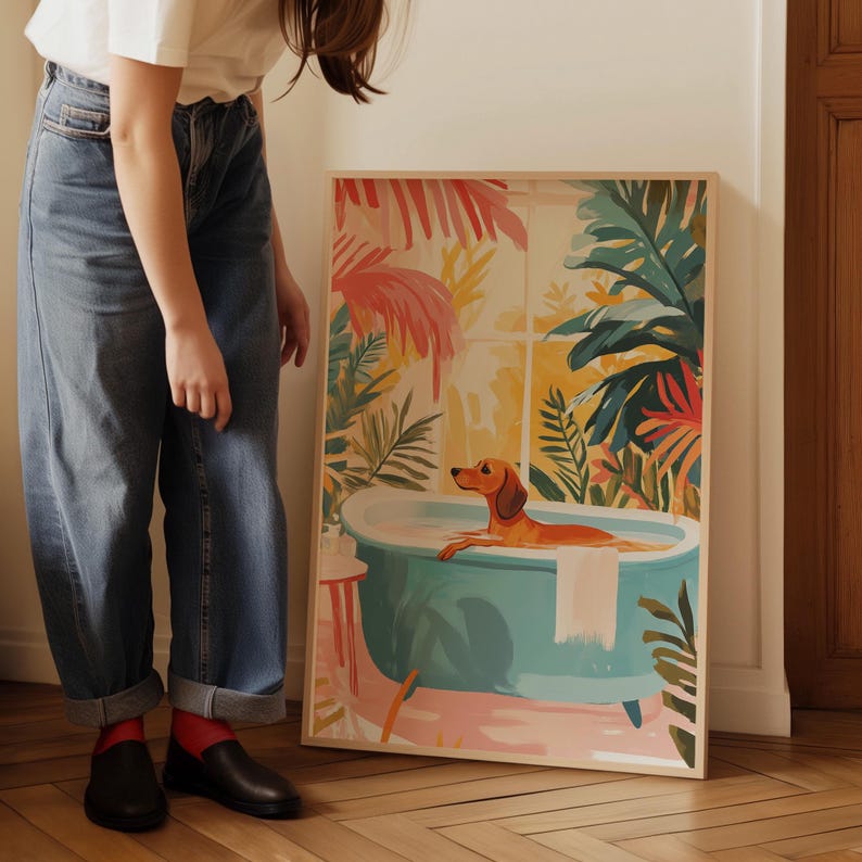 Poster per amanti dei cani: arte murale colorata e alla moda con cani, decorazione estetica funky per il bagno con stampa di bassotto, bassotto o cane bassotto, regalo per cane bassotto immagine 6