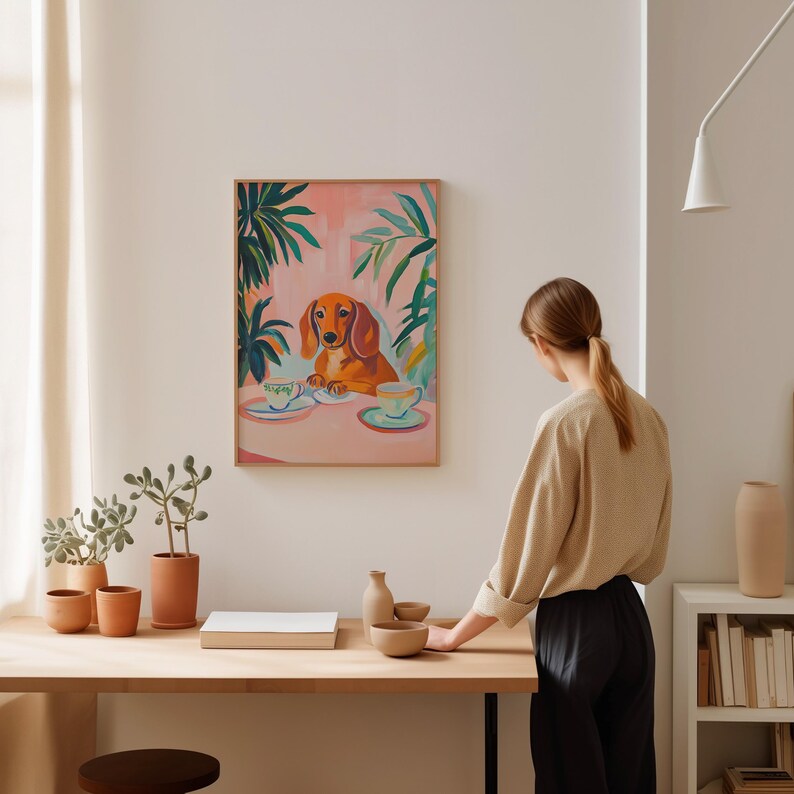 a woman standing in front of a painting on a wall