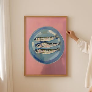 Rosa Sardinenöl Poster - Funky Fisch Wandkunst, Dopamin Fisch Dekor, Austern & Fischer Ästhetischer Druck, Trendige Küchendrucke, Fisch Wandkunst