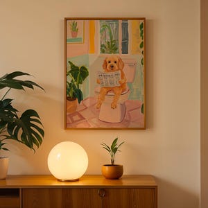 a painting of a dog sitting on top of a toilet