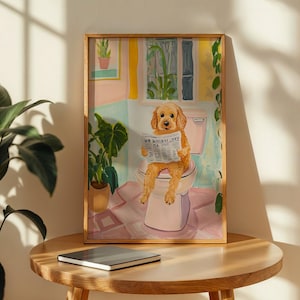 a painting of a dog sitting on top of a toilet