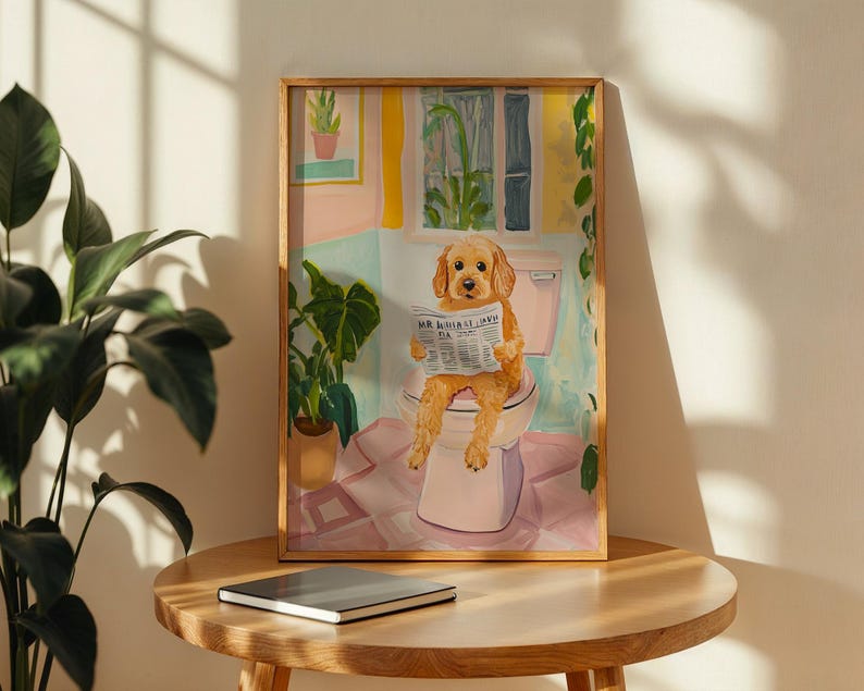 a painting of a dog sitting on top of a toilet