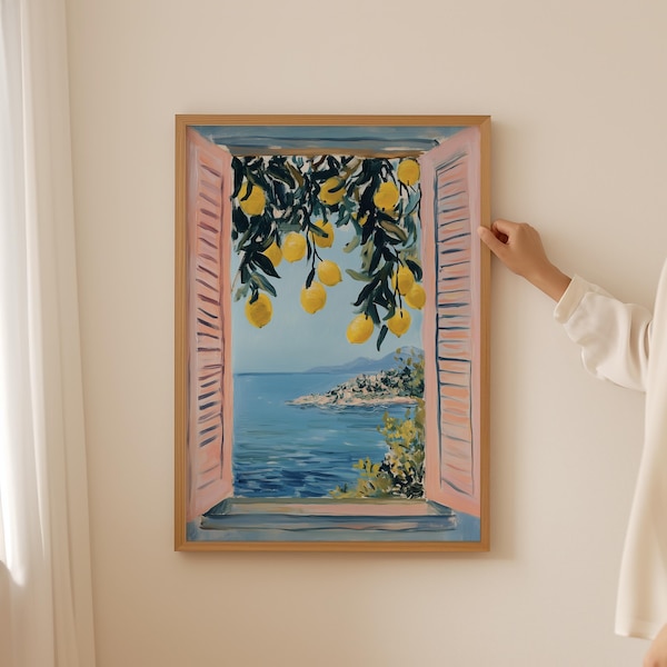 Abstract Coastal Lemon Wall Art- Italian botanical Print for dopamine kitchen decor, Trendy floral Poster for Aesthetic coquette room decor