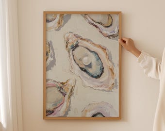 Vintage Oyster Art Work- Aesthetic Room Decor, Pearl Oil Print, Print for above couch, Fish Poster, Oyster Painting for Fisherman Aesthetic