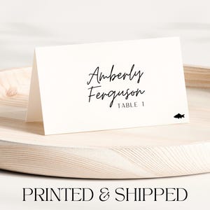 Tarjetas de lugar de boda impresas, tarjetas de nombre de recepción con cursiva minimalista, juego de tarjetas de lugar plegables personalizables, etiquetas de nombre de mesa con ícono de comida