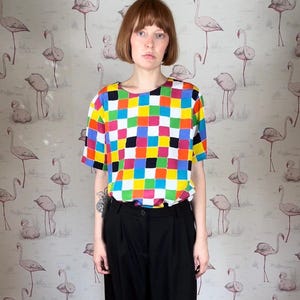 Vintage 80s Caren Charles Multicolored Checkered Top Size M