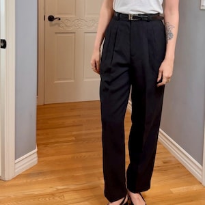 Vintage Briggs Black Double Pleated Tapered Belted Trousers Dress Pants Womens Size 8