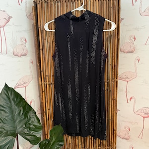 Vintage 90s Y2K California Concepts Black Glitter Sleeveless Mini Shift Dress Size 12 Petite