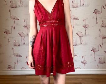 Vintage Red Sequin Skater Skirt Mini Dress Size M