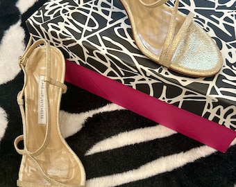 Vintage Diane Von Furstenberg White Gold Sparkle Strappy Heels Sandals Size 8