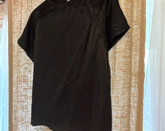 Vintage 80s Cindy Collins Shiny Black Padded Shoulder Blouse Top Women’s Size Small
