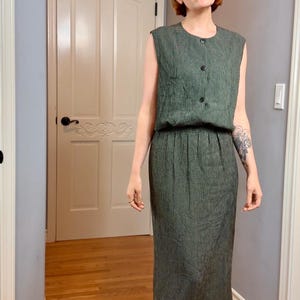 Vintage Green & Black Checkered Skirt Set: Button Vest, Size Small